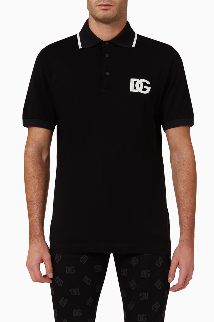 DG Embroidered Polo Shirt in Cotton Piqué, Black