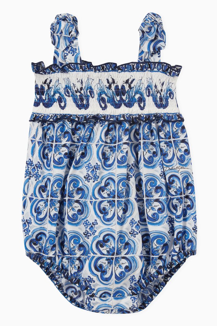 

Majolica Print Romper in Cotton Poplin, Blue