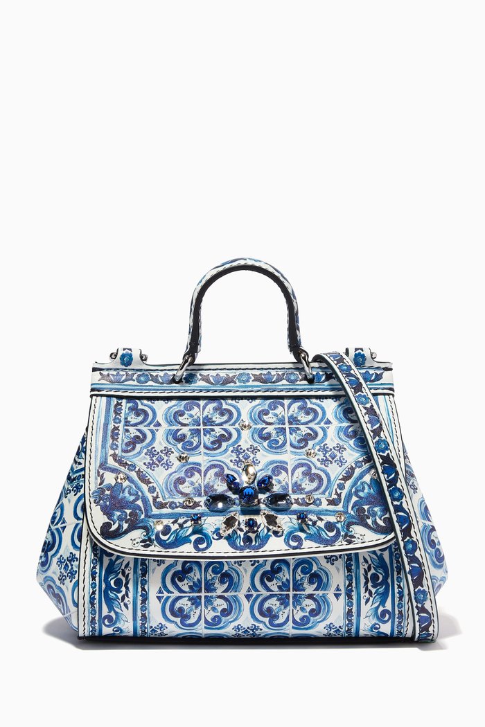

Majolica Print Mini Sicily Bag in Leather, Blue