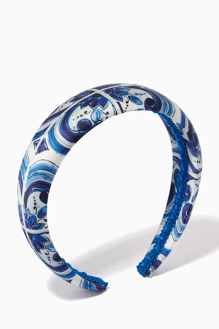 

Blu Mediterraneo Hair Band in Majolica-print Stretch Satin, Blue