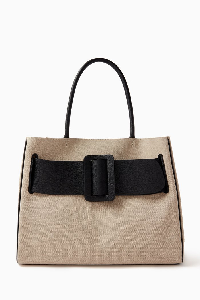 

Large Bobby Buckle Tote Bag in Woven Raffia, Neutral