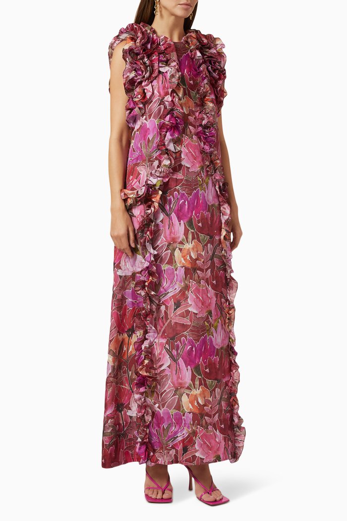 

Senta Floral Ruffled Maxi Dress in Silk, Pink