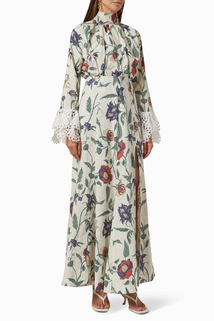 

Leonie Floral Maxi Dress in Linen & Cotton, Multicolour