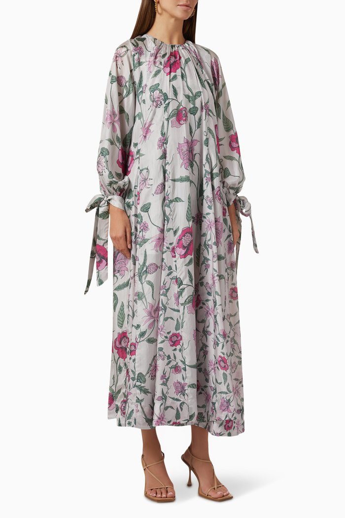 

Jules Floral Midi Dress in Cotton & Silk, Multicolour