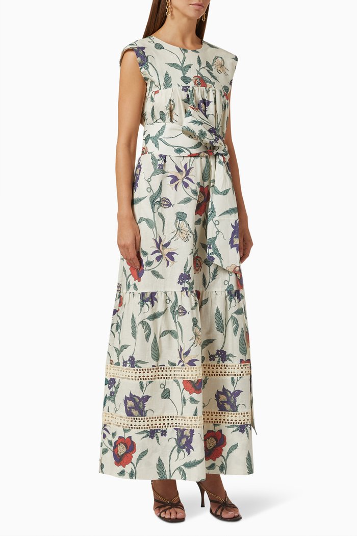 

Catarina Floral Belted Maxi Dress in Linen & Cotton, Multicolour
