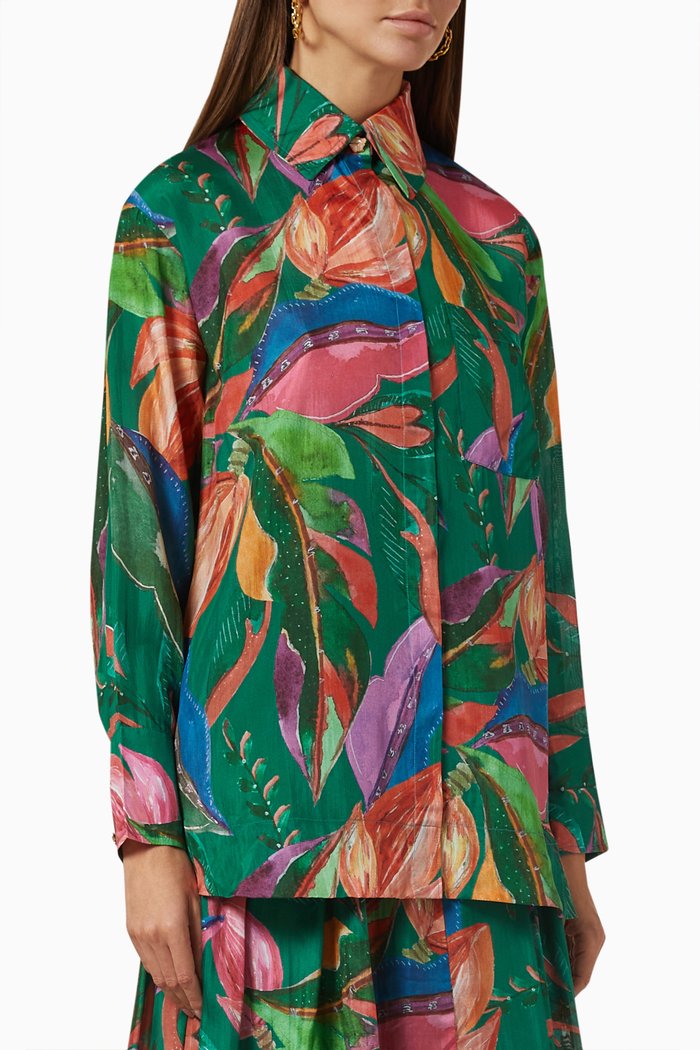 

Salome Floral Print Shirt in Silk & Cotton, Green