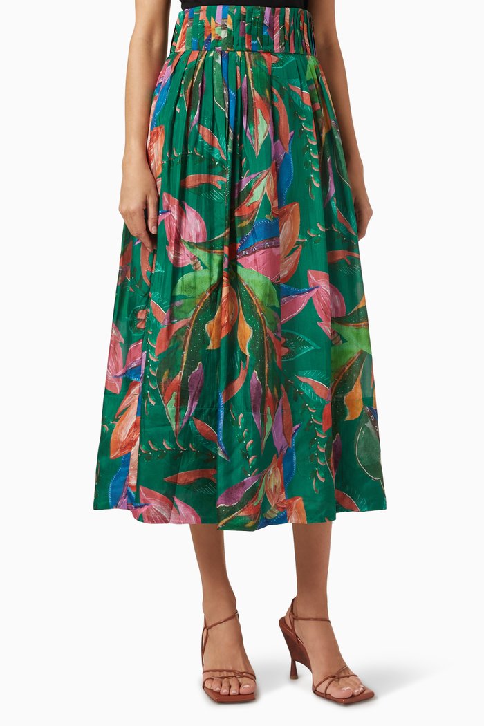 

Almaviva Floral Midi Skirt in Cotton & Silk, Green