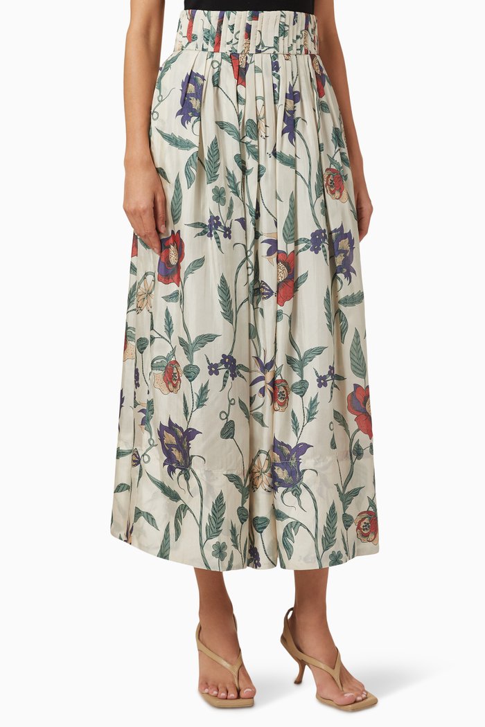 

Almaviva Floral Midi Skirt in Cotton & Silk, Multicolour