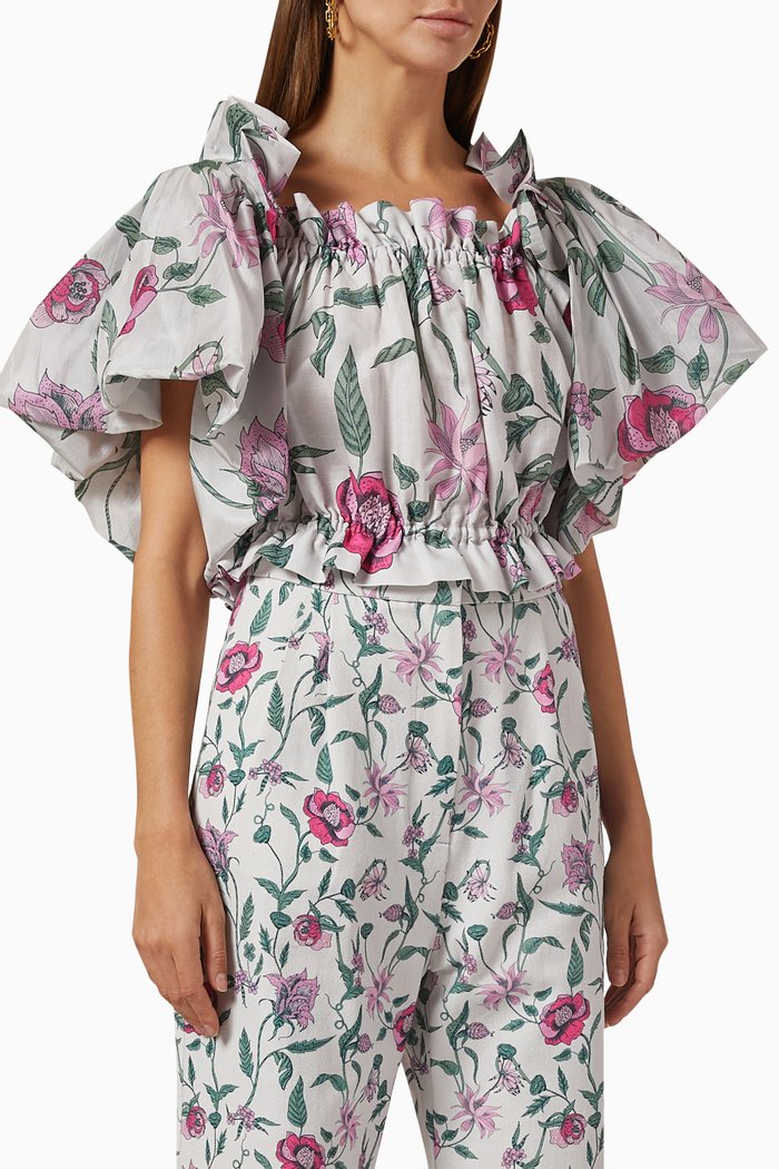 

Gilda Puff Sleeve Crop Top in Linen & Cotton, Multicolour