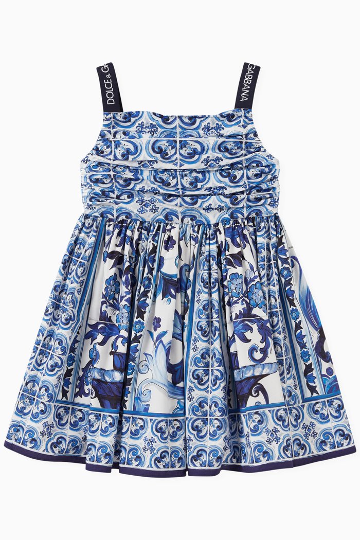 

Majolica Print Dress in Cotton Poplin, Blue