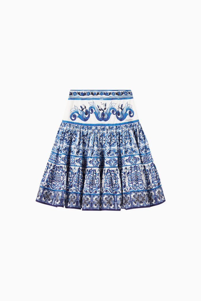 

Maiolica Print Midi Skirt in Cotton, Blue