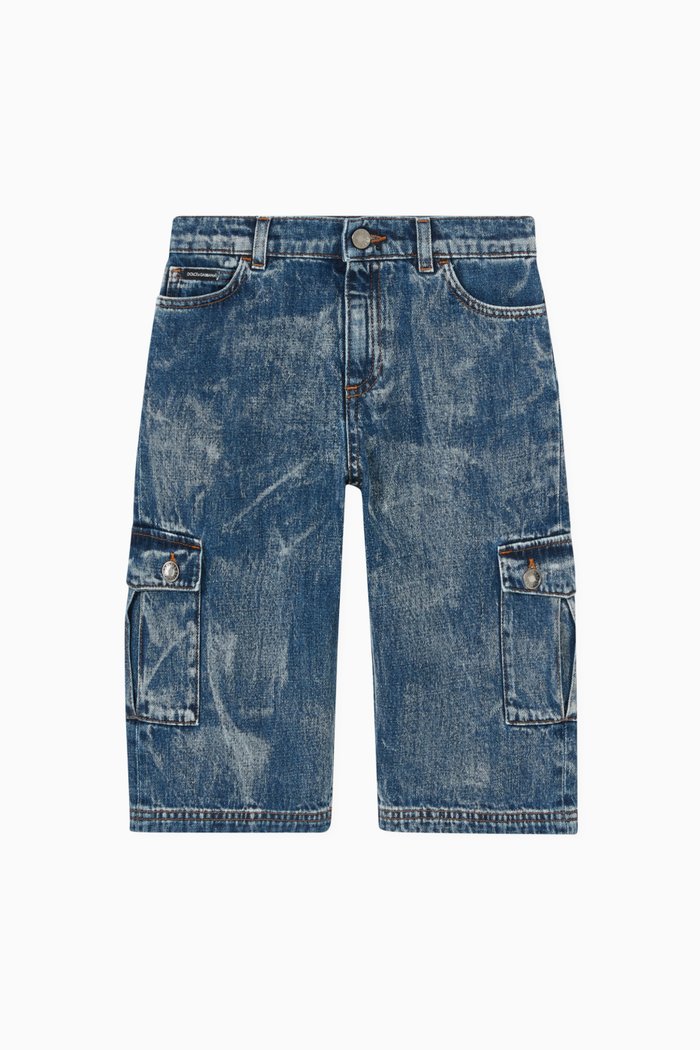 

Denim Cargo Shorts in Cotton, Blue