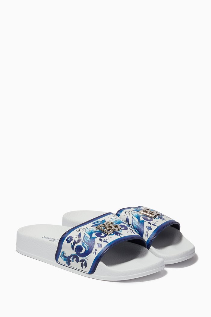Majolica Print Slides in Leather, Blue