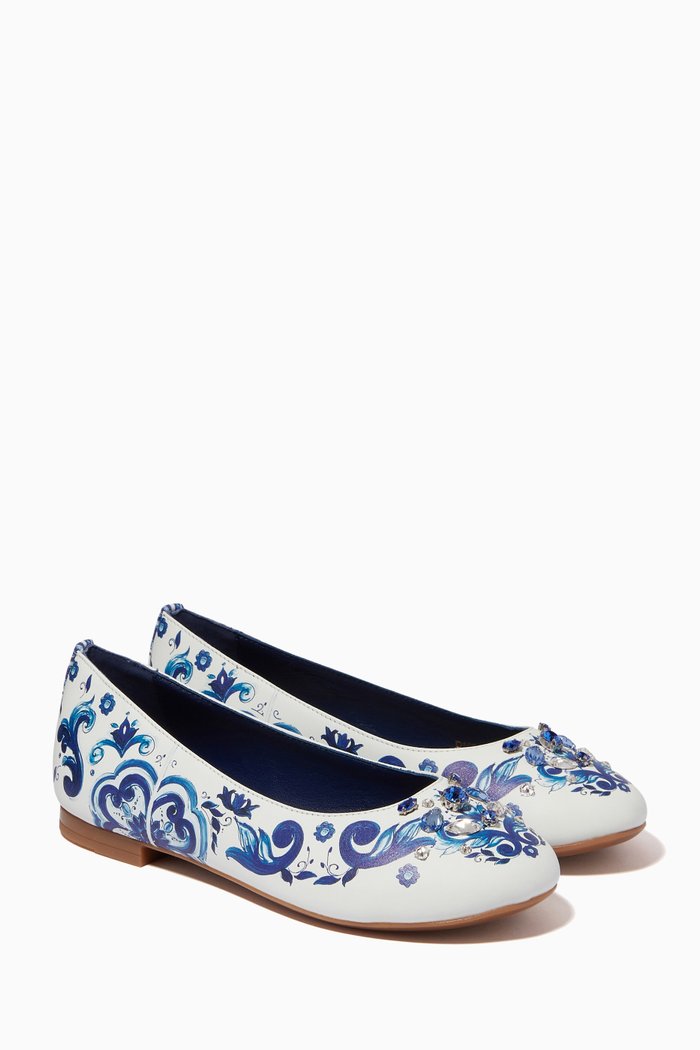 

Majolica Print Ballet Flats in Leather, Blue