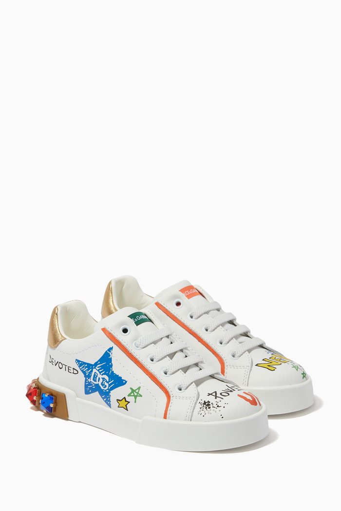

Graffiti Print Portofino Sneakers in Calfskin, White