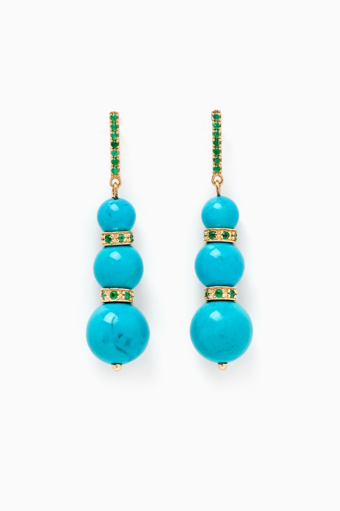 

Three Turquoise Ball Drop & Diamonds Earrings in 14kt Yellow Gold, Blue