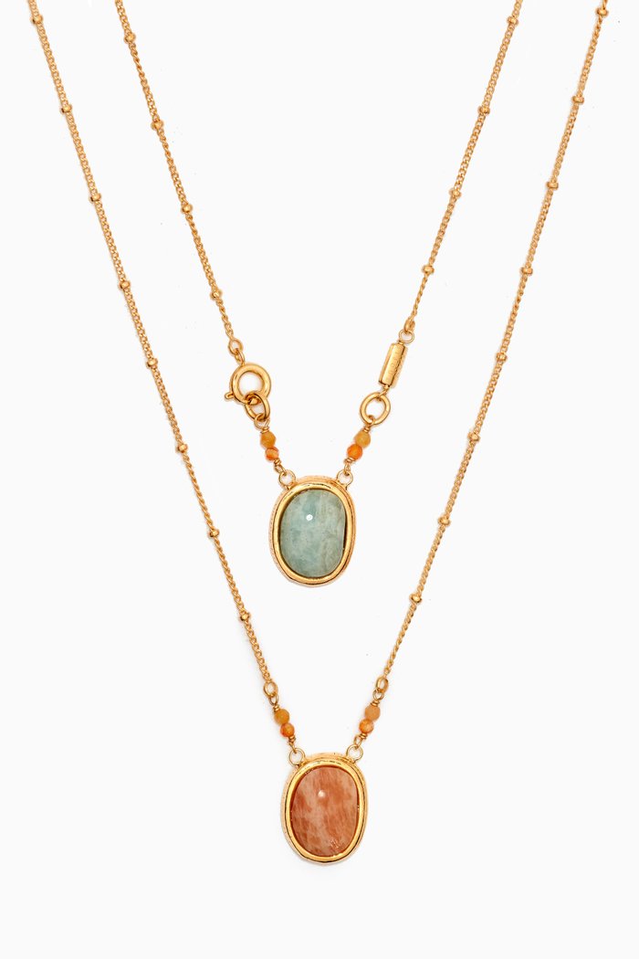 

Ovo Serti Amazonite & Pink Calcite Scapular Necklace, Gold