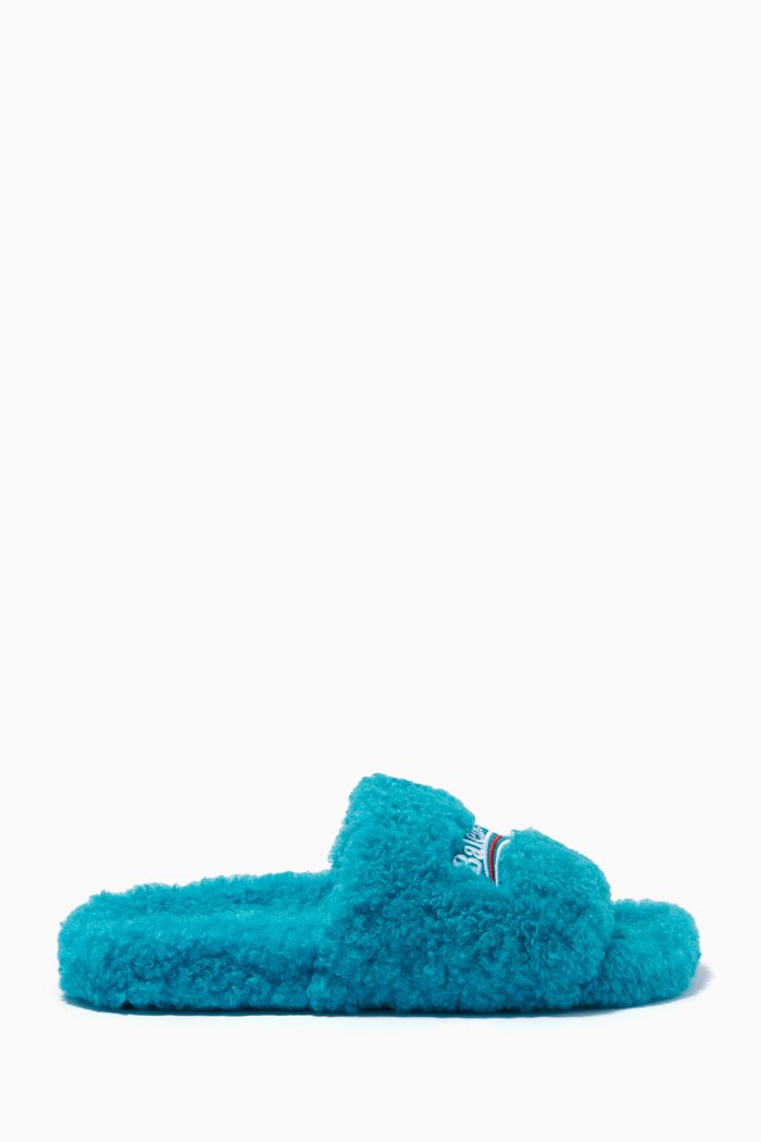 

Political Campaign Furry Slide Sandals in Faux Shearling, Blue
