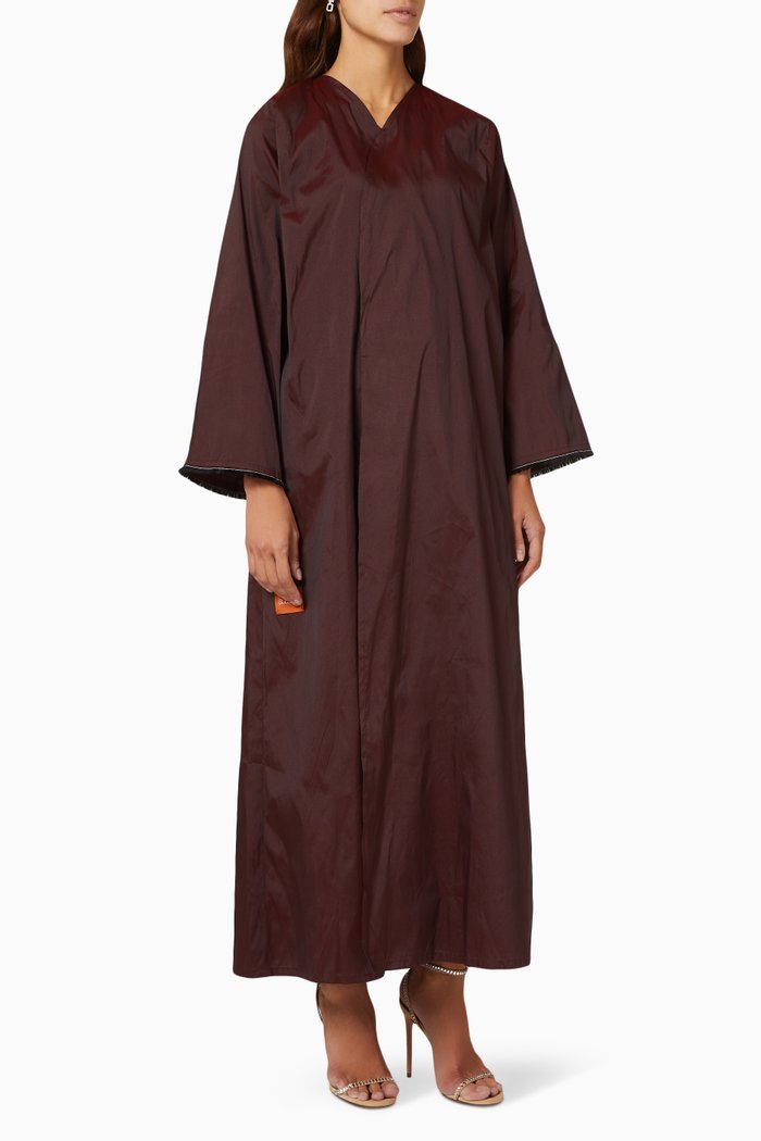 

Fringe Trim Sleeve Abaya in Tafetta, Burgundy