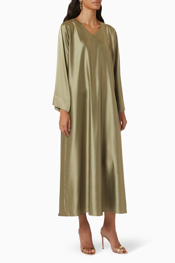 

Wide Sleeve A-line Midi Dress in Silk, Green