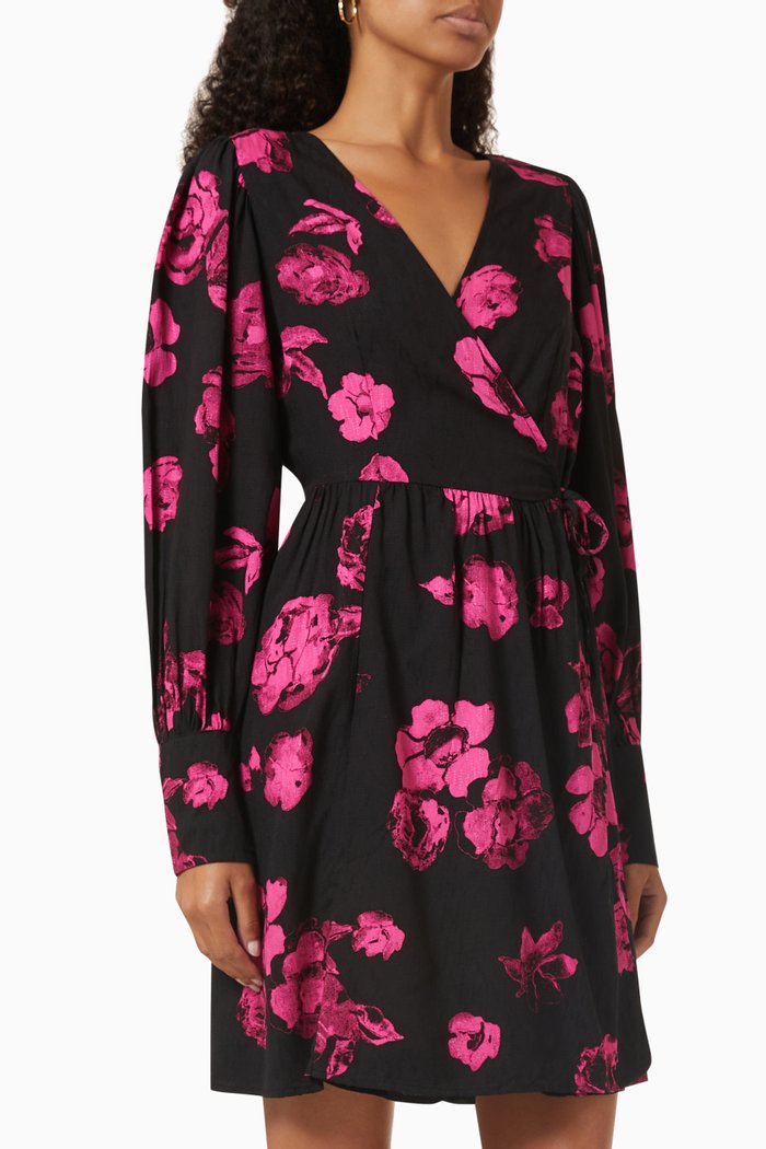 

Floral Wrap Mini Dress in Viscose, Black