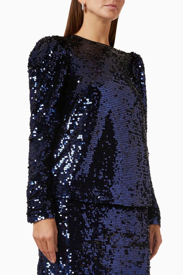 

Sequined Puff Sleeved Top in Fabric, Blue