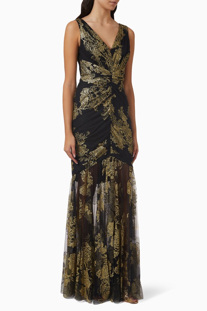 Floral Ruched V-neck Gown in Tulle, Black