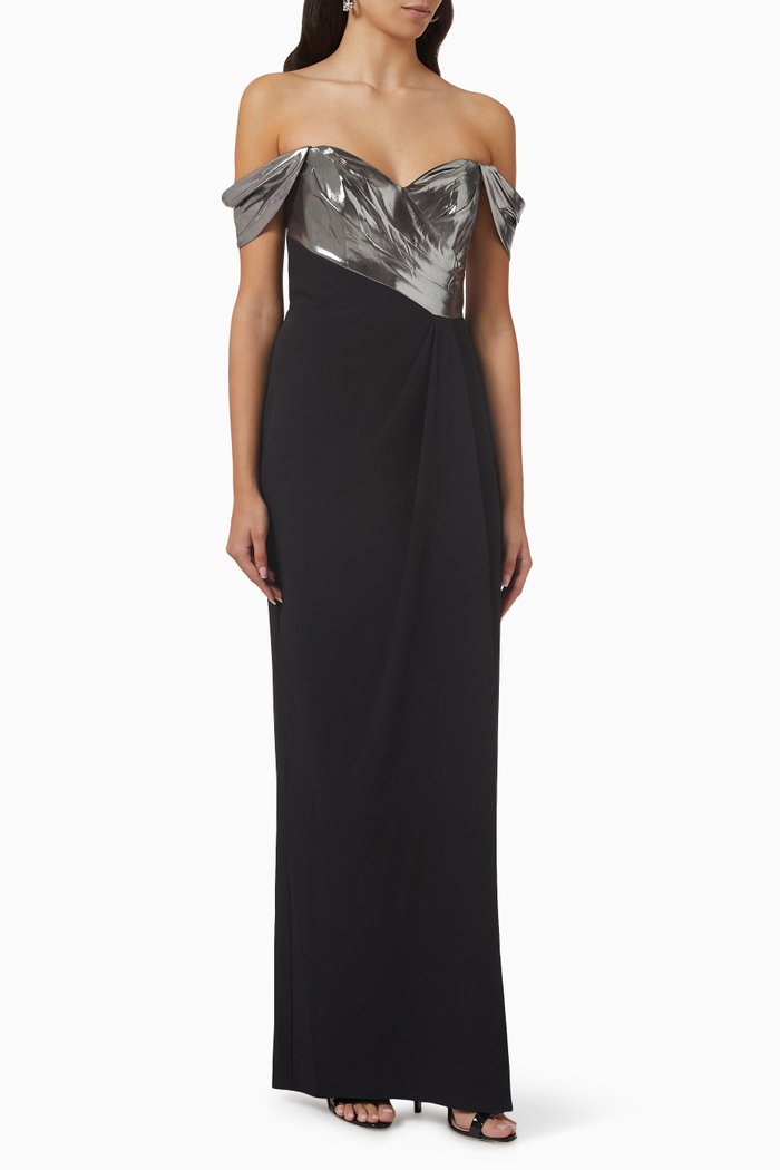

Off-shoulder Draped Gown in Lamé & Crêpe, Black