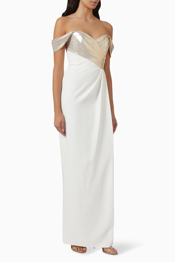 

Off-shoulder Draped Gown in Lamé & Crêpe, Neutral