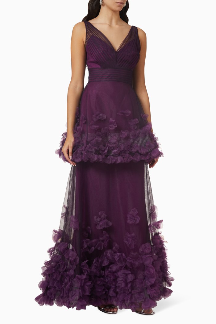 

V-neck Tiered Gown in Tulle, Purple