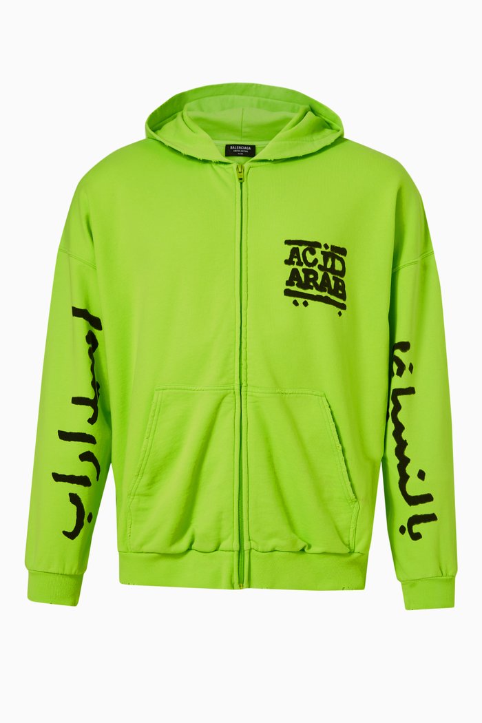 

Balenciaga Music Acid Arab Merch Zip Hoodie in Medium Fleece, Green