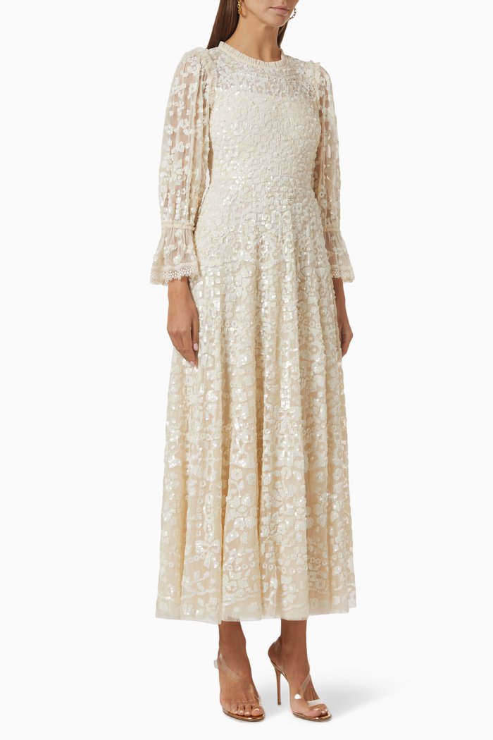 

Filigree Lace Sequin Midi Dress in Tulle, Neutral