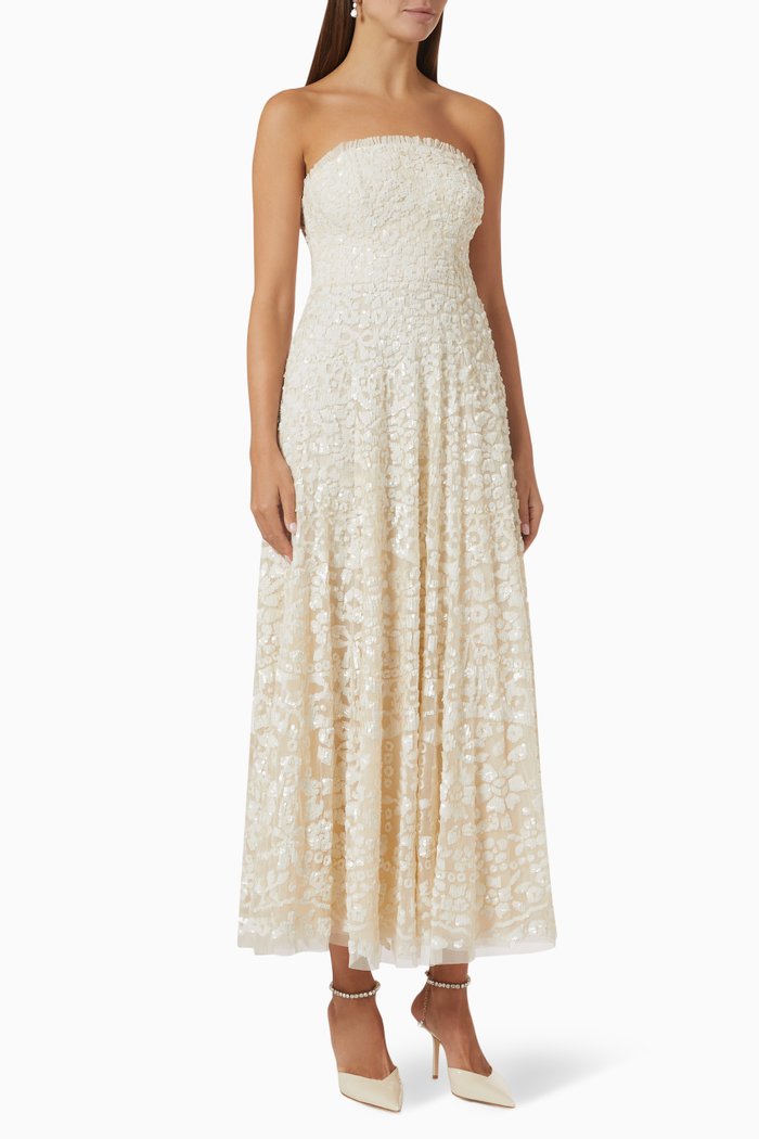 

Filigree Lace Sequin Strapless Midi Dress in Tulle, Neutral