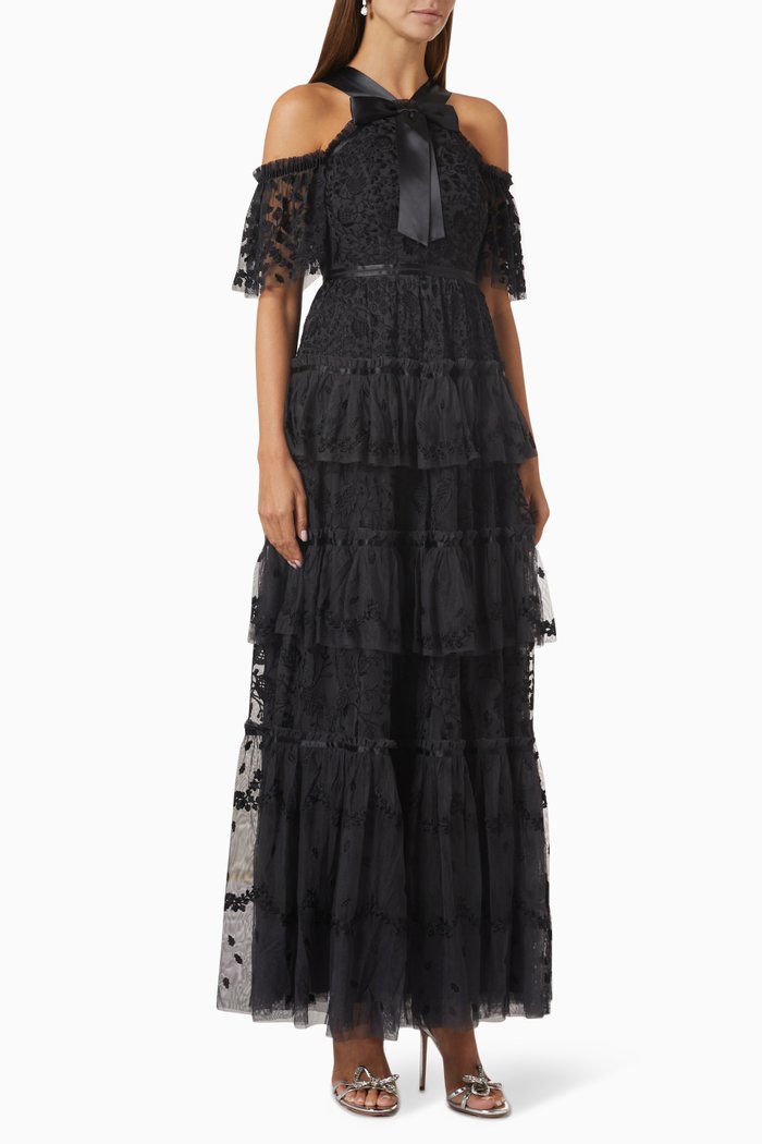 

Primrose Lace-embroidered Bow Maxi Dress in Tulle, Black