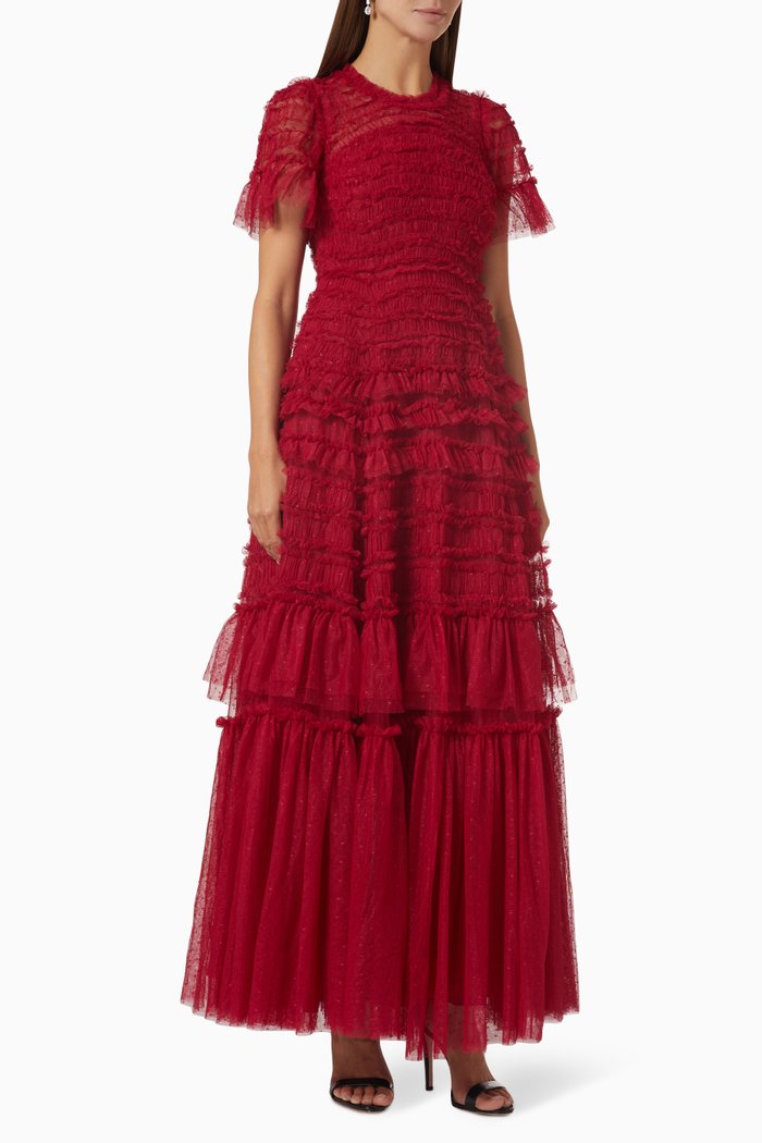 Valentine Ruffle Maxi Dress in Tulle, Red