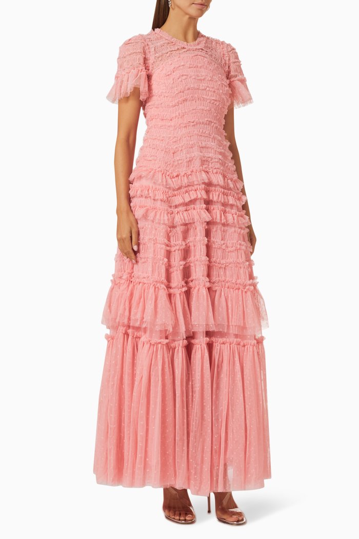 

Valentine Ruffle Maxi Dress in Tulle, Pink