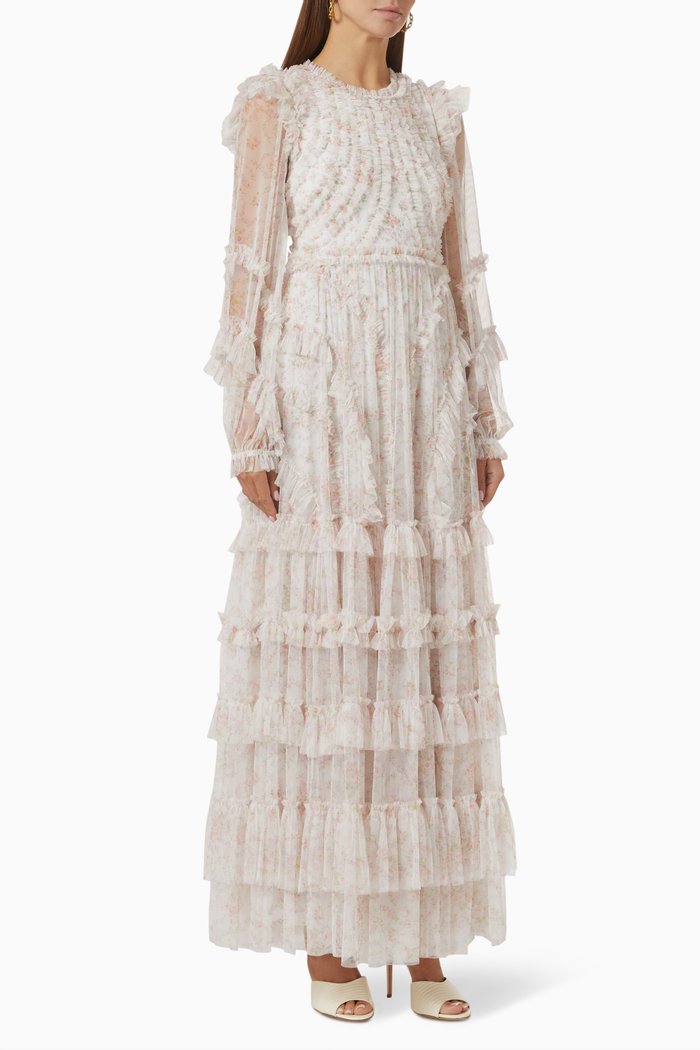 

Vintage Ditsy Ruffle Maxi Dress in Tulle, Neutral