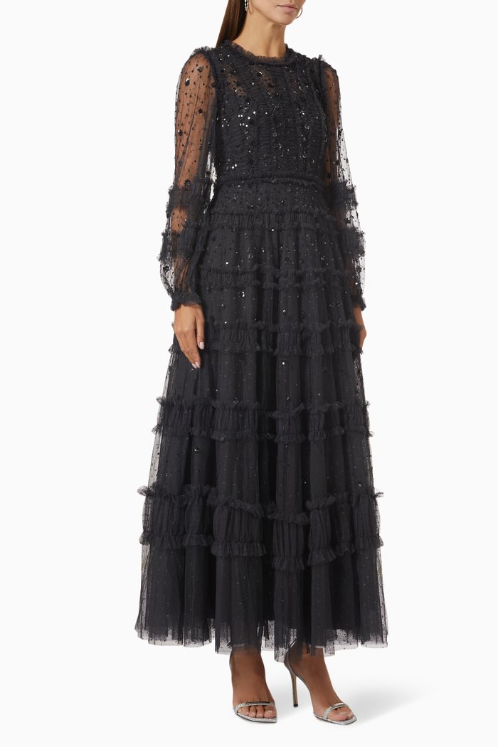 

Violet Shimmer Sequins Maxi Gown in Tulle, Black