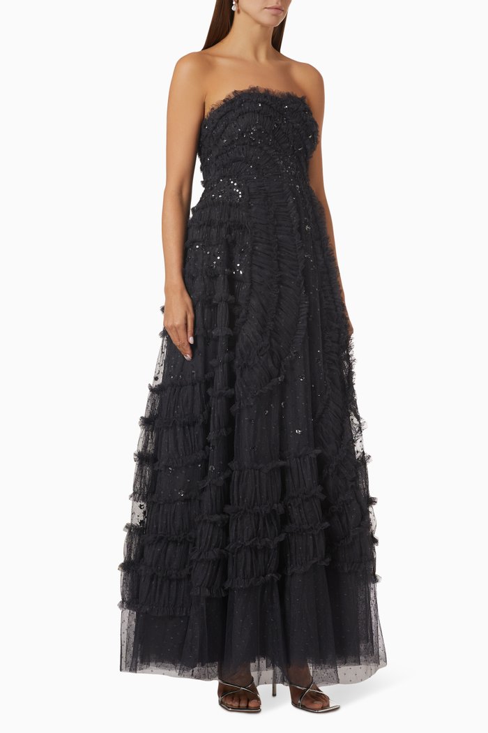 Violet Shimmer Sequins Strapless Maxi Gown in Tulle, Black