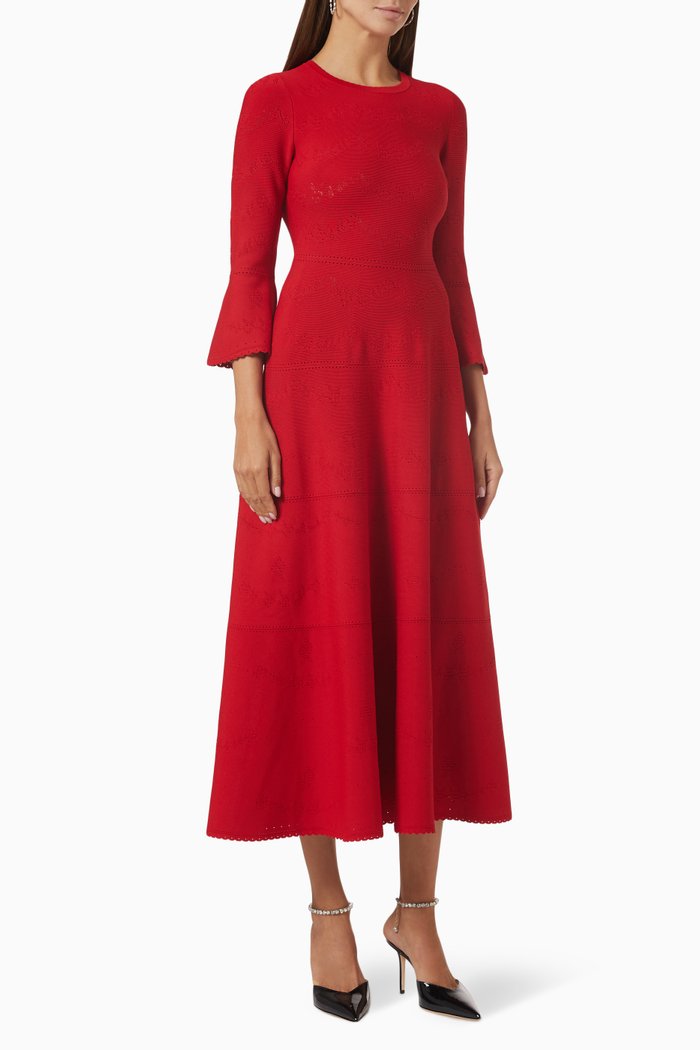 Pretty Pointelle Midi Dress in Stretch-knit, Red