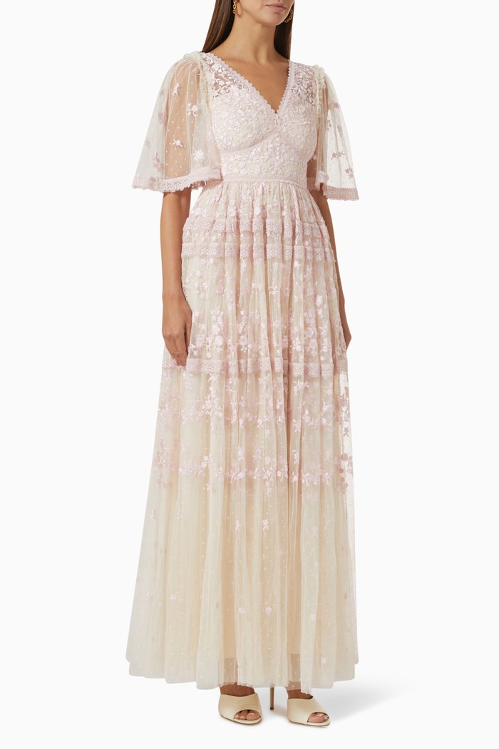 

Sweetheart Lace Sequin Maxi Dress in Tulle, Pink