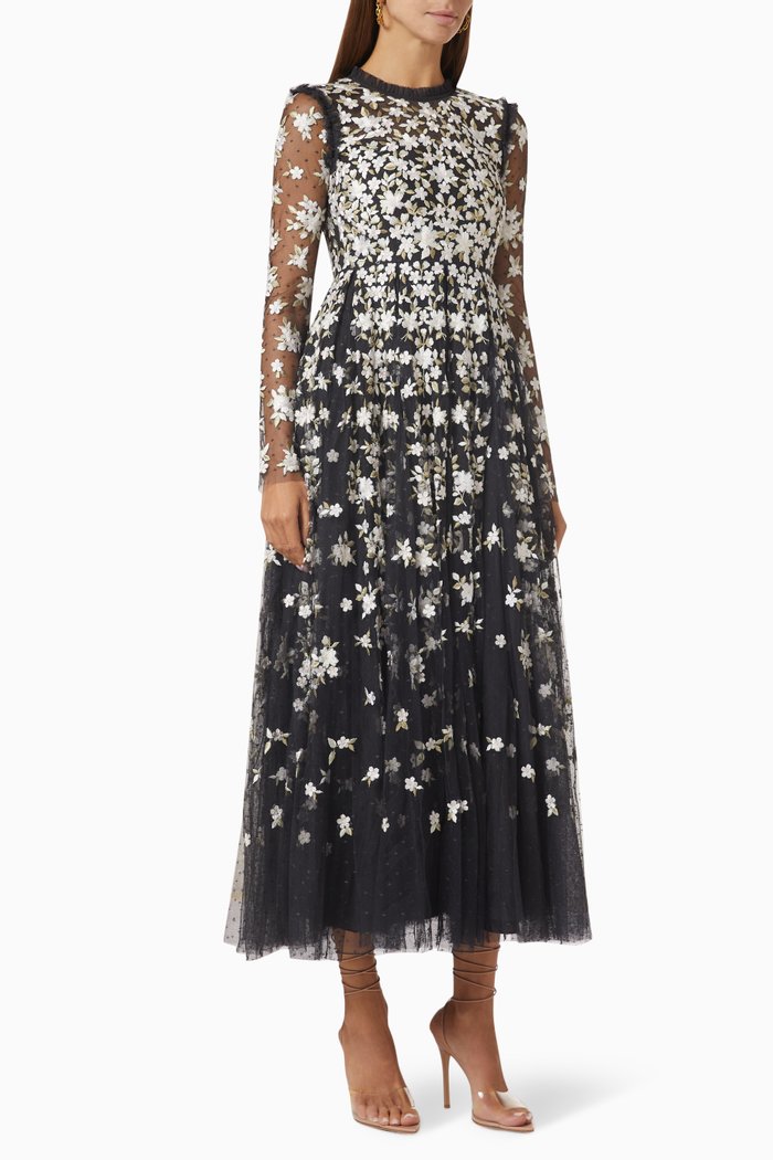 

Camellia Ditsy Floral Midi Dress in Tulle, Black