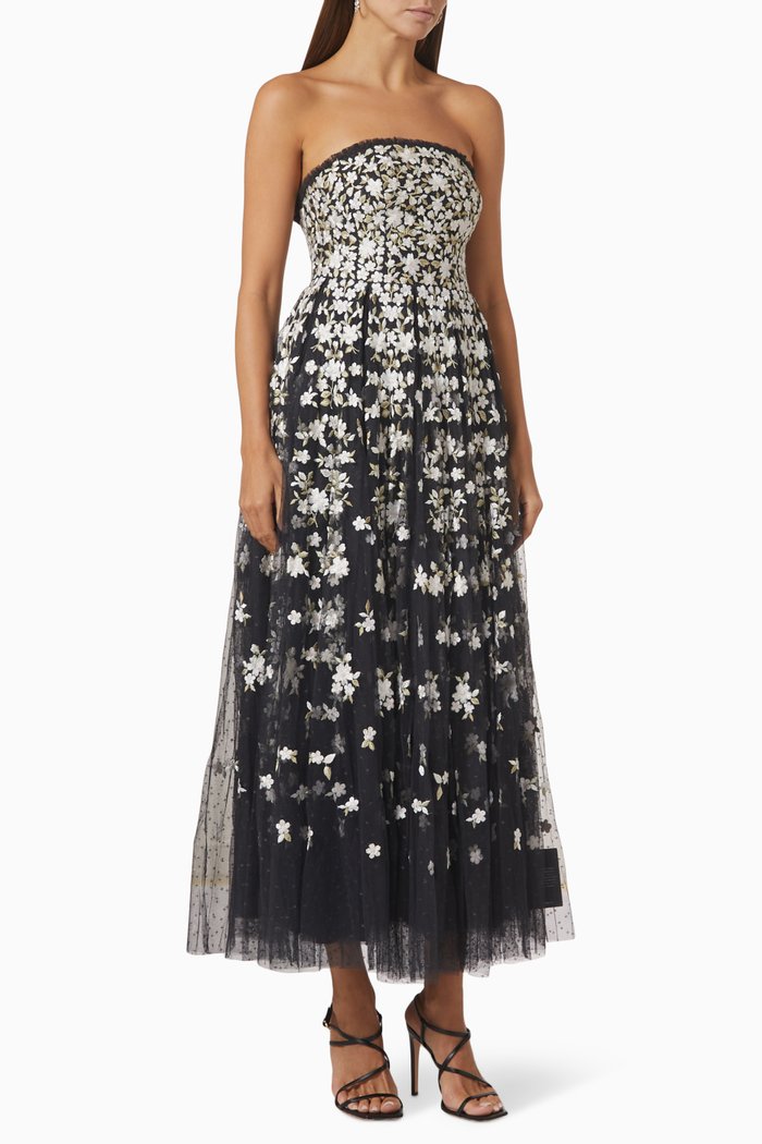 

Camellia Ditsy Floral Strapless Midi Dress in Tulle, Black