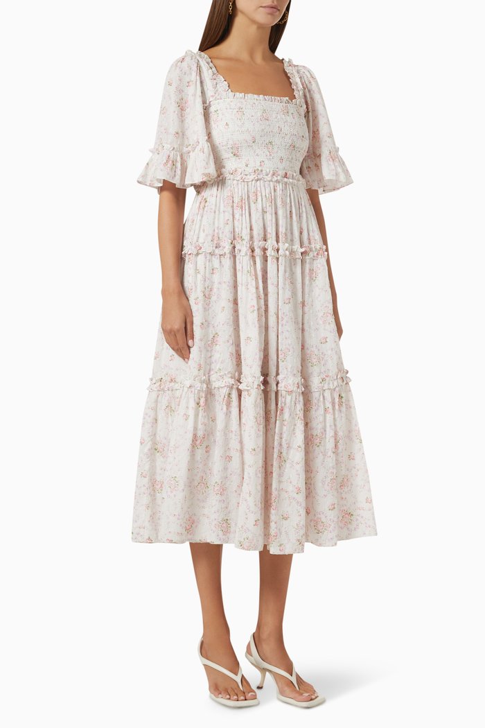 

Vintage Ditsy Smocked Midi Dress in Organic Cotton, Neutral