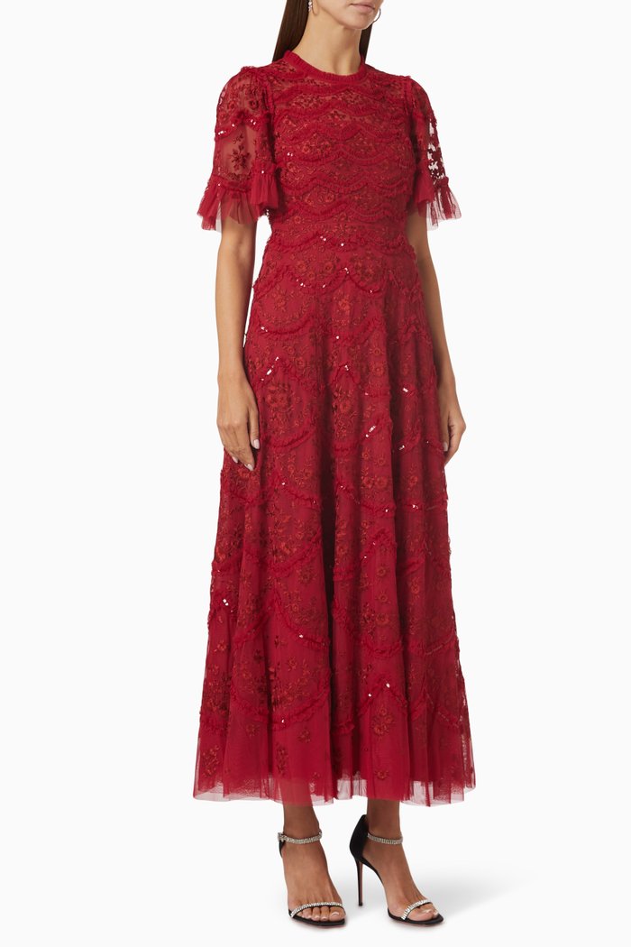 

Lily Bloom Sequin Midi Dress in Tulle, Red