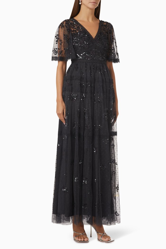 

Primrose Shimmer Sequins Maxi Dress in Tulle, Black