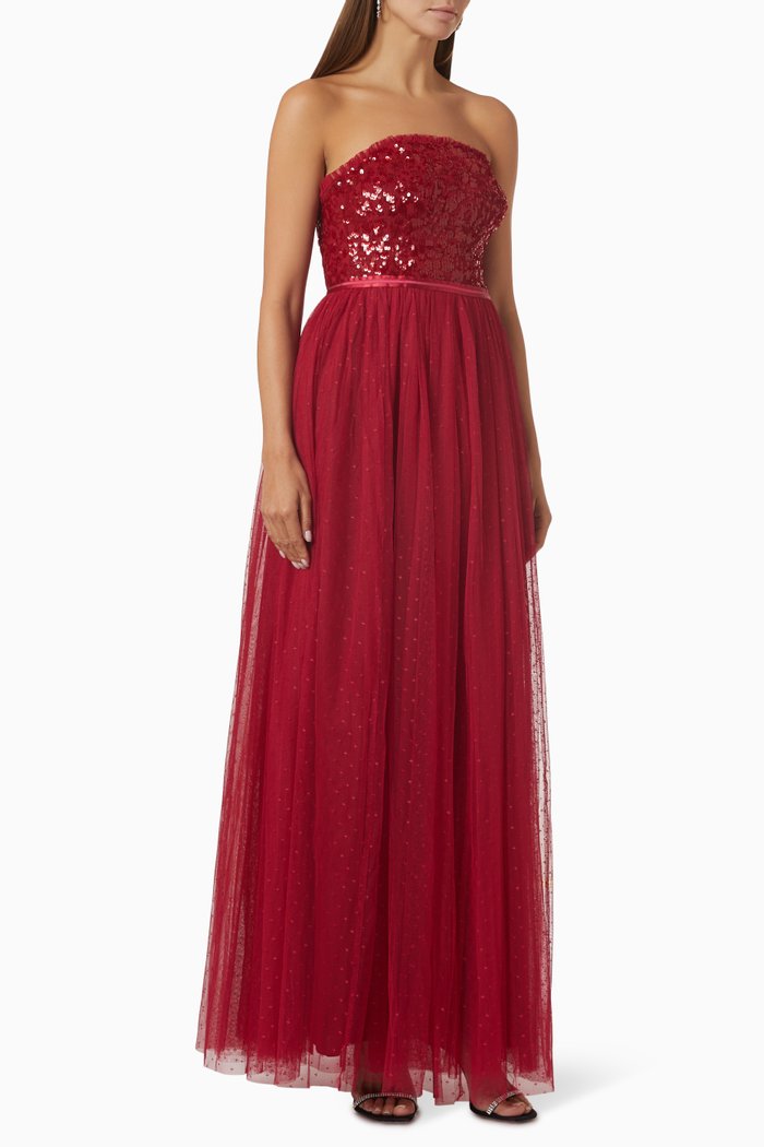 

Tempest Strapless Sequins Maxi Dress in Tulle, Red