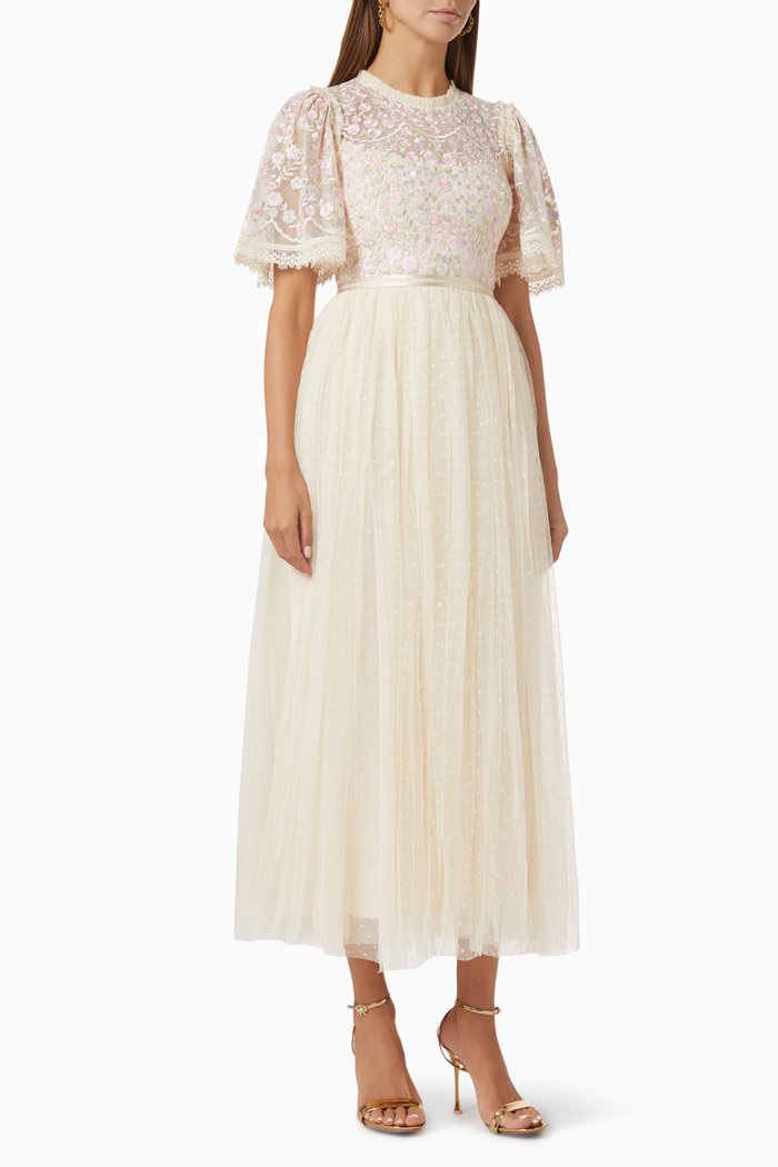 

Rosie Lace Midi Dress in Tulle, Neutral