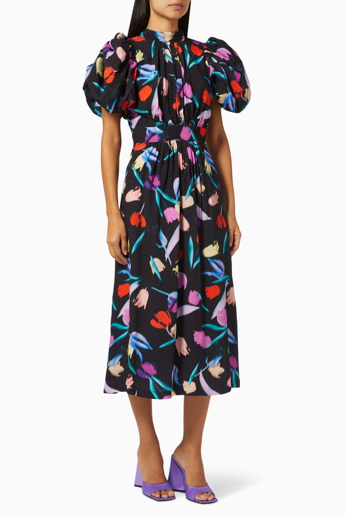 

Noon Floral Print Midi Dress in Viscose, Multicolour