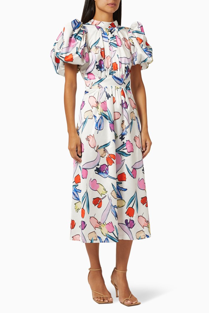 

Noon Floral Print Midi Dress in Recycled Fabric, White